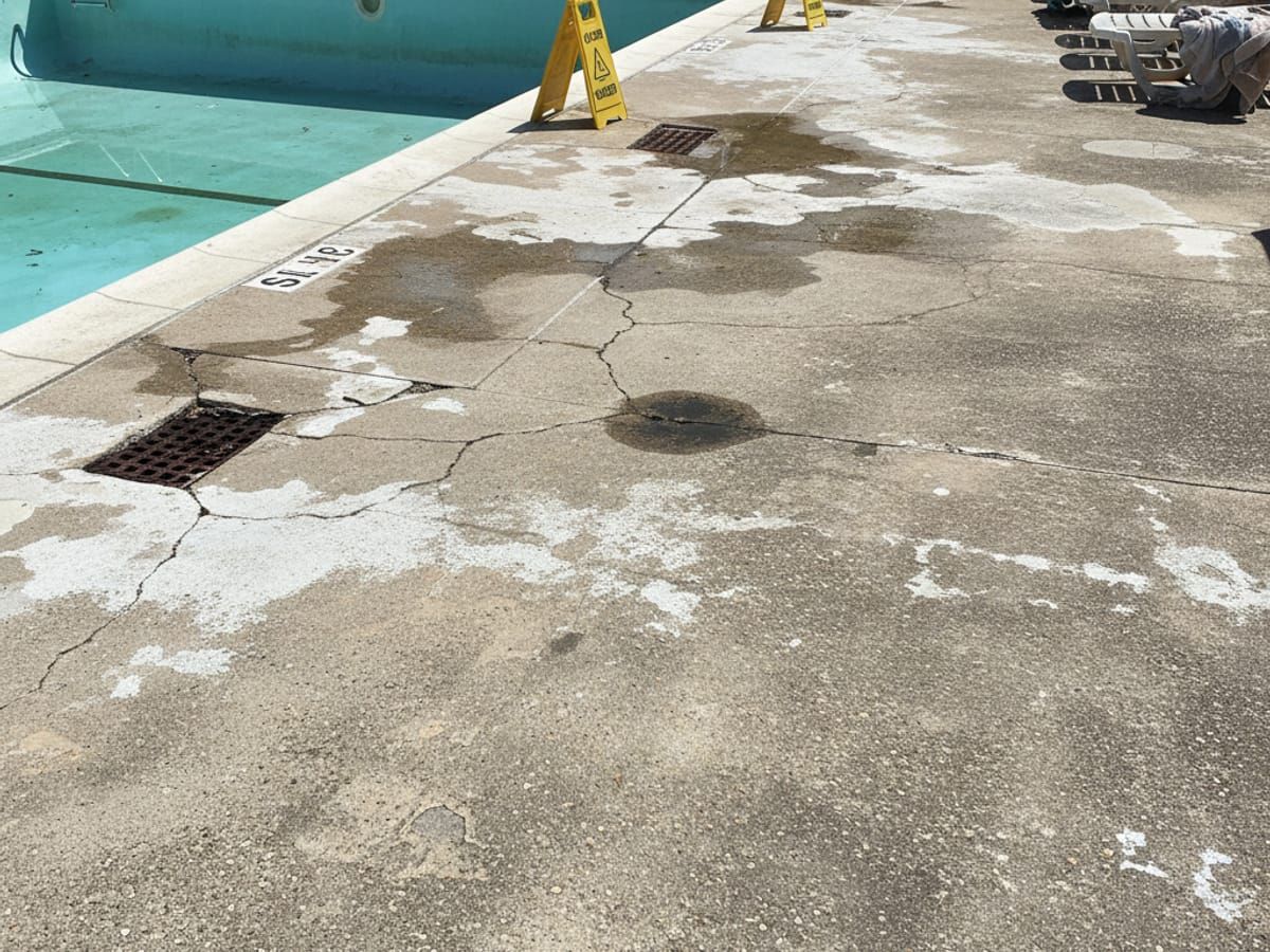 Worn pool deck before restoration in Draper