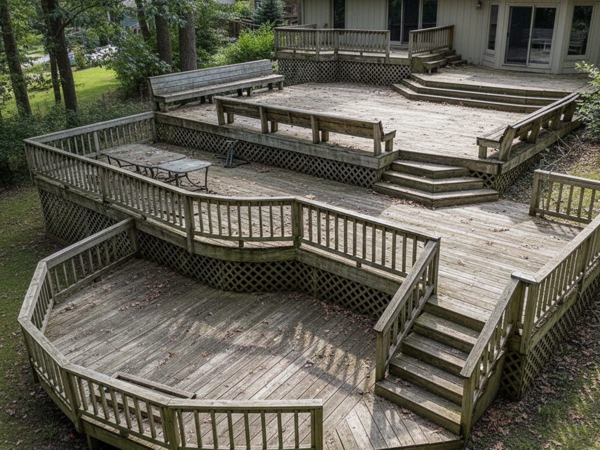 Faded multi-level deck before restoration in Sandy