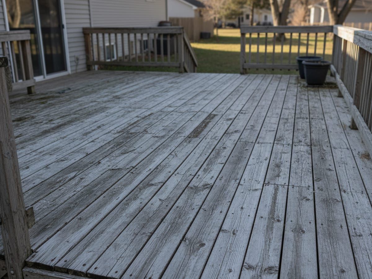 Weathered gray deck before resurfacing in Sugarhouse