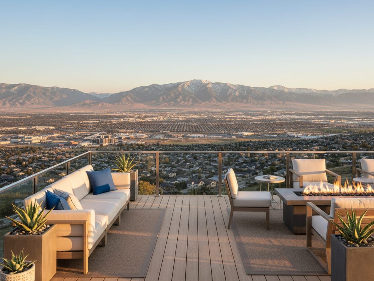 Stunning luxury deck in SunCrest Draper with panoramic valley views